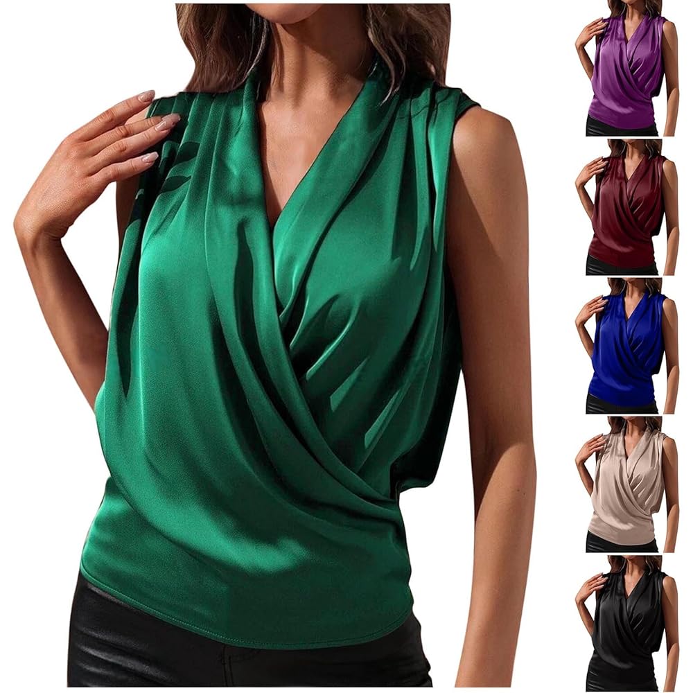 HGps8w Women's Silk Satin Wraped Tank Tops Dressy V Neck
